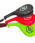 Heavy Hitter Boxing Kick Pad With Slick Smart Power Meter And App Connected Voice Broadcast For Taekwondo Kickboxing Training Durable Strike Target Red in black, red, and green colors stacked together.