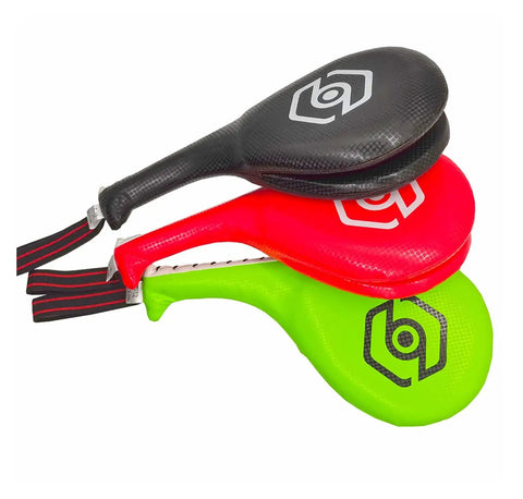 Heavy Hitter Boxing Kick Pad With Slick Smart Power Meter And App Connected Voice Broadcast For Taekwondo Kickboxing Training Durable Strike Target Red in black, red, and green colors stacked together.