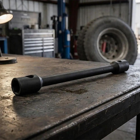 Heavy Duty Extended Double Ended Socket Wrench Set Rock Solid Hex Head on a workbench in a garage, crafted for tough automotive tasks.