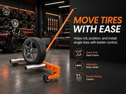 Heavy Duty Adjustable Tire Wheel Dolly With No Sweat Lever Lift Design And 440 Lbs Capacity For Effortless Hub Assembly Moving In Your Workshop And Sturdy Frame with tire.