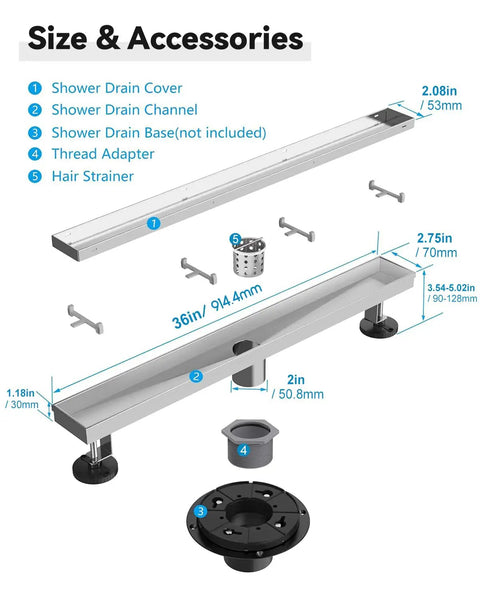 Diagram of 36-inch tile insert linear shower drain with components, brushed nickel finish, 304 stainless steel, rust-proof easy clean.