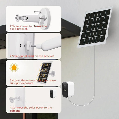 Installation guide for Rock Solid 8W Solar Panel Charger for Outdoor Security Cameras with bracket and cable.