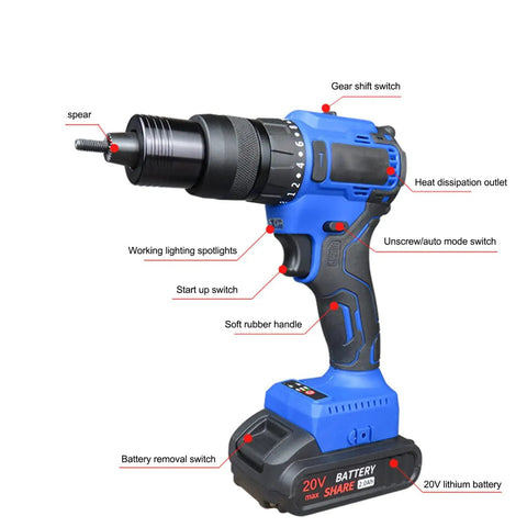 Close-up of Heavy Duty No Sweat Cordless Rivet Gun And Electric Blind Riveter With 20V Lithium Ion Battery features, showing controls and design.