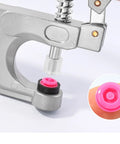 Heavy Duty Plastic Snap Button Pliers Kit With T3 T5 T8 Sockets For Quick Garment Repairs No Sweat One Hand Press Smooth Action Tool showing a close-up of the tool and attachable pink snap.