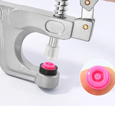 Heavy Duty Plastic Snap Button Pliers Kit With T3 T5 T8 Sockets For Quick Garment Repairs No Sweat One Hand Press Smooth Action Tool showing a close-up of the tool and attachable pink snap.