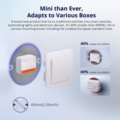 Dope Tiny 10A WiFi Smart Light Switch Module for DIY home automation showing compatibility with small enclosures