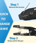 Steps to change jaws on Coaxial Cable Crimping Tool Kit With Five Interchangeable Dies, rotary coaxial stripper and cutter