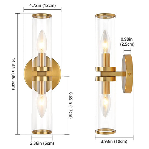 Gold Wall Sconce Lights Two Pack With Candle Shaped Glass Shades Brushed Brass Mid Century Vanity Wall Lamps dimensions