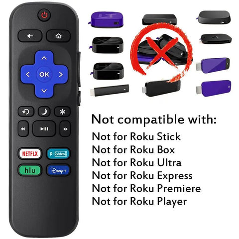 Two Pack Universal Remote For Roku Smart TVs Works With Hisense Onn TCL Sharp Element Philips JVC RCA Insignia Sanyo LG RokuSeries image showing remote and incompatible devices