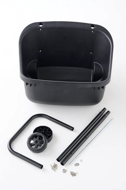 Components of All-In-One Backyard Compost Kit With 12 Gallon Wheeled Cart and assembly parts for organic waste management