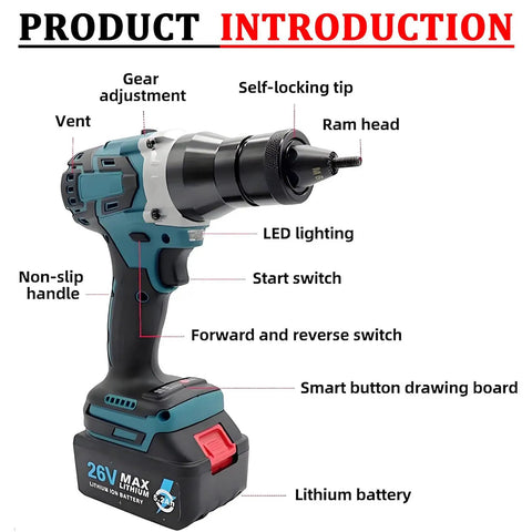 Portable Electric Automatic Rivet Nut Gun Kit With LED Lighting and 26V Battery, smart button panel, power display shown