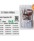Hustler Ready 600 Piece Ceramic Capacitor Assortment Kit 50 Volt showing 15 values with clear labeling for easy identification.
