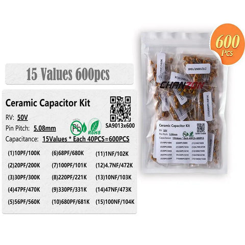 Hustler Ready 600 Piece Ceramic Capacitor Assortment Kit 50 Volt showing 15 values with clear labeling for easy identification.