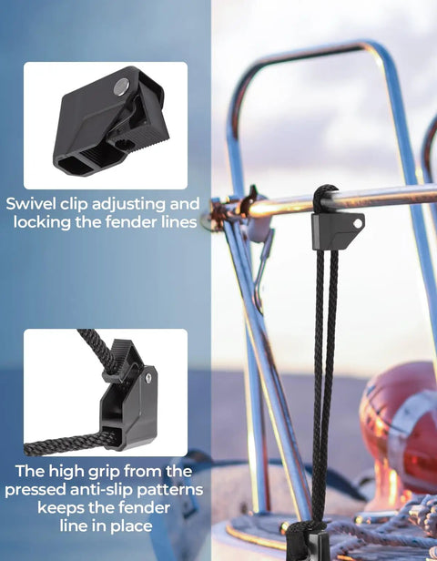 Boat Fender Clips Quick Release Adjustable Bumper Clips attached to boat railing, securing fender lines with gravity design.