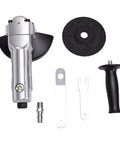 Pneumatic Angle Grinder With 5 Inch Wheel And 11000 RPM Heavy Duty Cutting Polishing And Grinding For Auto Mechanics And Garage Work parts and accessories displayed.