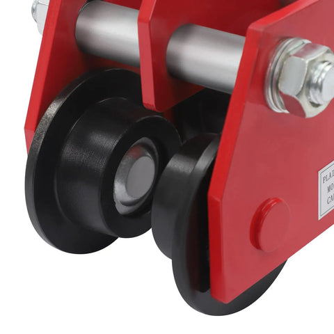 Close-up of rollers on Rock Solid Three Ton Beam Trolley With Smooth Glide Track Rollers and Quick Adjust Width for heavy gear.