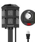 Tough As Nails 24 Hour Mechanical Outdoor Timer With Six Grounded Outlets and Six Foot Extension Cord For Garden Lighting and Patio Setup Slick Waterproof Design, featuring six outlets and a manual timer.
