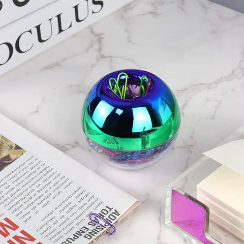 Colorful Paper Clips Holder And Dispenser Set With Holographic Rainbow Clips, 100 Pieces, 28mm Medium Paperclips on desk