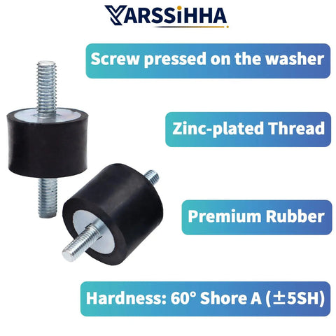 Rock Hard M8 Anti Vibration Rubber Isolator Mounts 4 Pack Beefy Shock Absorbers with zinc-plated threads and rubber body.