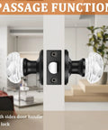 Close-up of Six Pack Crystal Door Knobs Set for Interior Passages, non-locking, glass knob with black zinc rosette, side view