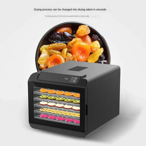 Heavy Duty Six Layer Electric Food Dehydrator For Fresh Fruits Veggies Beef Jerky And Homemade Pet Snacks Featuring Quiet Motor And Fast Dry Modes, with visible drying trays and fruits.
