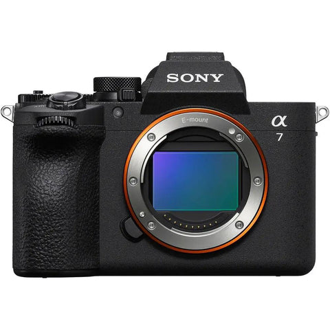Sony A7 V Mirrorless Camera front view from A7 V Mirrorless Camera Bundle With Wireless Microphone System And Do It All Accessory Pack 64GB Card U Grip Case Tripod Software And More Pro Gear For Sharp 4K Video And Stunning Photos