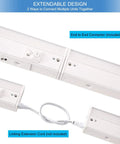 Under Cabinet LED Light Fixture 24 Inch, 14W, 985 Lumens, showing linkable design with connectors and optional extension cord