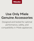 Miele brand message about using genuine accessories with text about performance, safety, and compatibility.