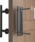 Two Pack 12 Inch Sliding Barn Door Handle Pull And Flush Hardware Set With Flat Back Plate Design In Rustic Black Finish