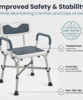 Heavy Duty Shower Chair For Elderly And Disabled With Padded Armrests And Back Adjustable Height Bath Seat Built Tough Non Skid Base Solid Grip Zero Worries Everyday Bathroom Safety Blue, showing padded seat and sturdy frame.