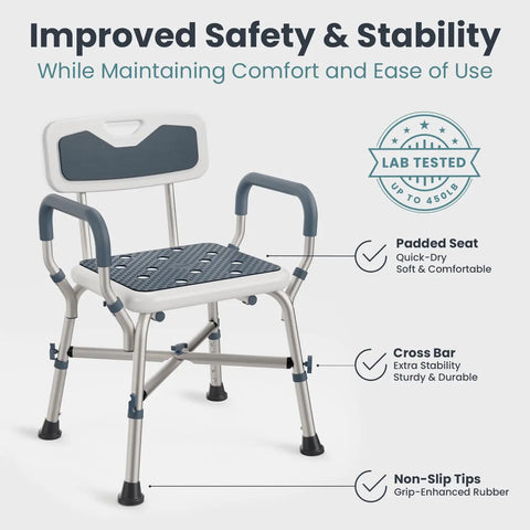 Heavy Duty Shower Chair For Elderly And Disabled With Padded Armrests And Back Adjustable Height Bath Seat Built Tough Non Skid Base Solid Grip Zero Worries Everyday Bathroom Safety Blue, showing padded seat and sturdy frame.