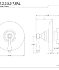 Technical drawing of Oil Rubbed Bronze Shower Volume Control Trim With 1/2-14 NPT Connection, ADA Lever Handle, brass construction.