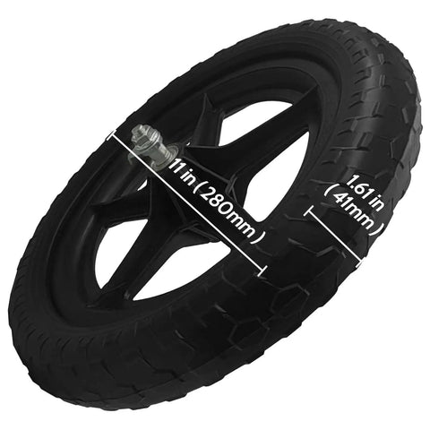 Close-up of 11 Inch Balance Bike Replacement Wheel Set Non Inflatable EVA Foam For Strider And Other 11 Inch Bikes, black aluminum hub