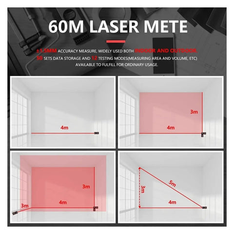 60M laser mete showing measurement examples for indoor use, displaying measurements in red on a wall.