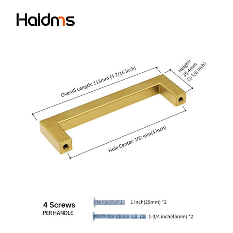 Drop Dead Gorgeous Slick Gold Cabinet Handles With 4 Inch Spacing Brushed Square Pulls For Quick Kitchen And Bath Makeover Thirty Pack - Dimensions with screws