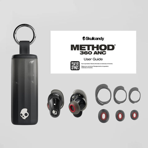 Method 360 ANC Wireless Earbuds With Bose Sound, Bluetooth Headphones, charging case, ear tips, and user guide displayed.