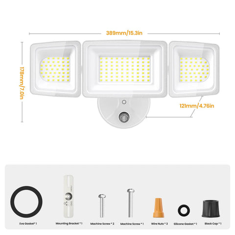 Dusk To Dawn Outdoor Flood Light 130W Led Security Fixture with three panels and mounting accessories for yard use.