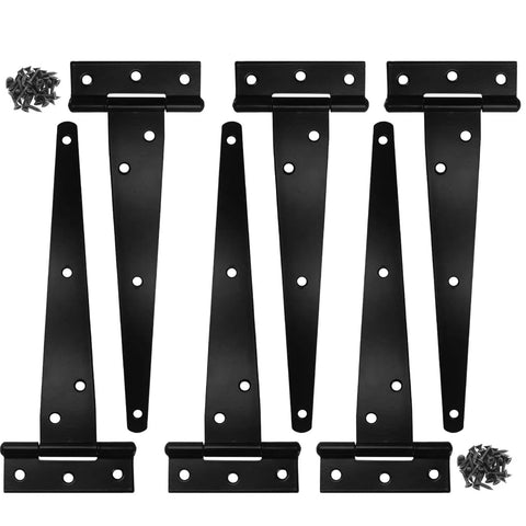 Badass Eight Inch Black T Strap Barn Door Hinges Built Like A Tank From Solid Cast Iron Heavy Duty Hardware Includes Mounting Screws Six Pack For Sheds And Garden, detailed view of six black iron hinges with screws.
