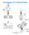 Diagram of a Four Bearing Trolley Assembly With Four Silent Wheels For 1-5/8 Inch Wide And Taller Unistrut Channel, includes M10 Bolt and Lifting Eye Nuts.