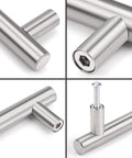 Close-up views of 5 Pack Brushed Nickel T Bar Cabinet Pulls, stainless steel, 12mm diameter, 32mm projection, including screw details.