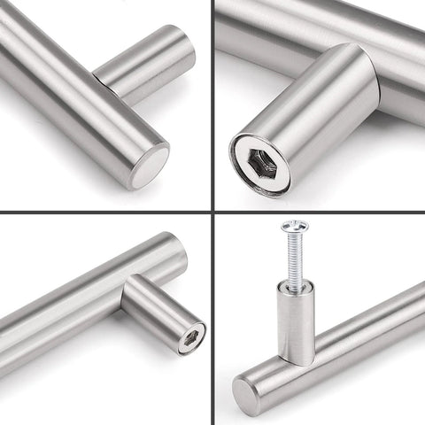 Close-up views of 5 Pack Brushed Nickel T Bar Cabinet Pulls, stainless steel, 12mm diameter, 32mm projection, including screw details.