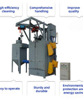 Hook Type Shot Blasting Machine for Metal Components and Instrument Frames and Equipment Casings in Fabrication Facilities, Heavy Duty Finishing Equipment with Easy Maintenance, Custom Accessories, and Shop Ready Precision Surface Prep, front view