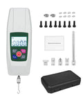 Top Shelf Professional Digital Force Gauge Push Pull Tester Meter With Peak Hold Feature And Multiple Unit Conversion For No Sweat Tension And Compression Testing Built Durable with display and attachments.