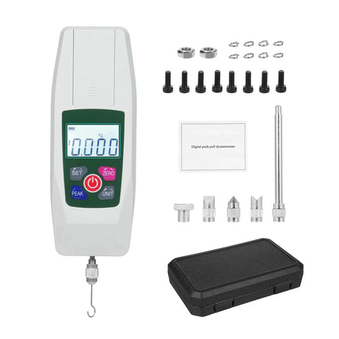 Top Shelf Professional Digital Force Gauge Push Pull Tester Meter With Peak Hold Feature And Multiple Unit Conversion For No Sweat Tension And Compression Testing Built Durable with display and attachments.