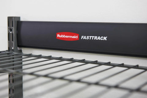 Close-up of Rubbermaid FASTRACK rail for Hella Sturdy Garage Wall Storage Rack With Heavy Duty Steel Shelves And Modular Rails.