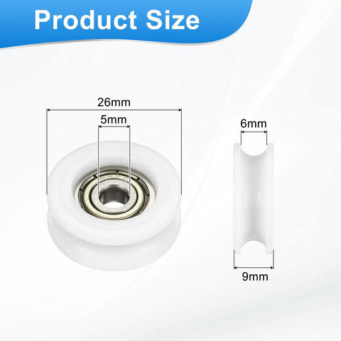 5 Pcs U Type Nylon Groove Bearing Rollers White U Channel Pulley Wheels for Glass Sliding Doors Furniture Tracks Automation Hardware with dimensions labeled.
