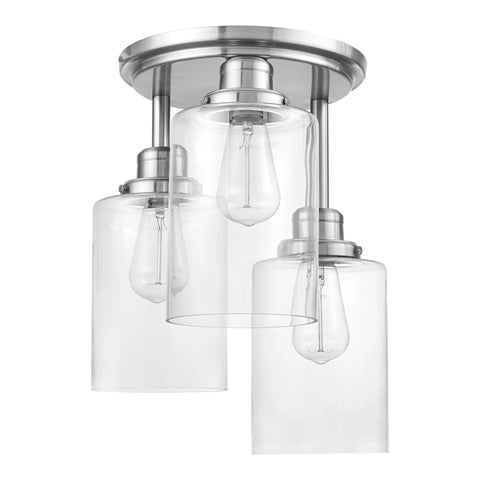 Three Light Semi Flush Mount Ceiling Light With Brushed Steel Finish And Clear Glass Shades E26 Socket Front Porch Lighting Fully Dimmable Bulb Not Included Industrial Modern Vibe