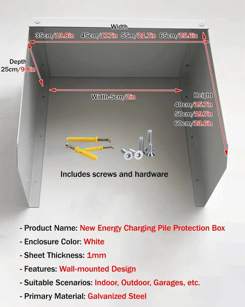Rock Solid Outdoor EV Charger Enclosure Wall Box: 1mm galvanized steel protector, indoor/outdoor use, includes screws and hardware.
