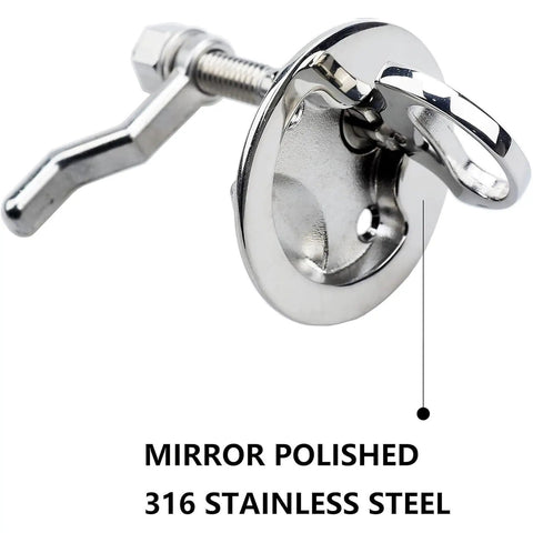 Rock Solid 316 Stainless Steel Marine Cam Hatch Latches With Smooth Flush Pull Handles showing mirror-polished surface detail.