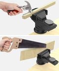 Hand using a 3 Inch Universal Swivel Base Table Vise With 360 Degree Rotation Portable Bench Clamp for precision cutting.